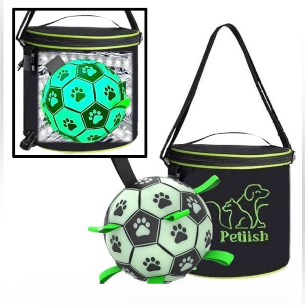 Petlish Glow-in-the-Dark Dog Size 3 Soccer Ball with tabs and LED Charge Bag